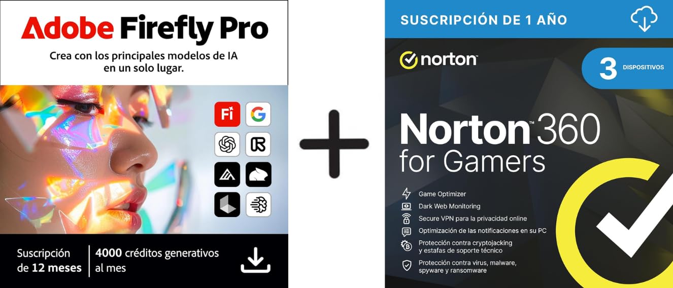 Adobe Firefly Pro Suscripción 12 Meses + Norton 360 for Gamers 2026 Antivirus 3 Dispositivos 1 año Descarga digital