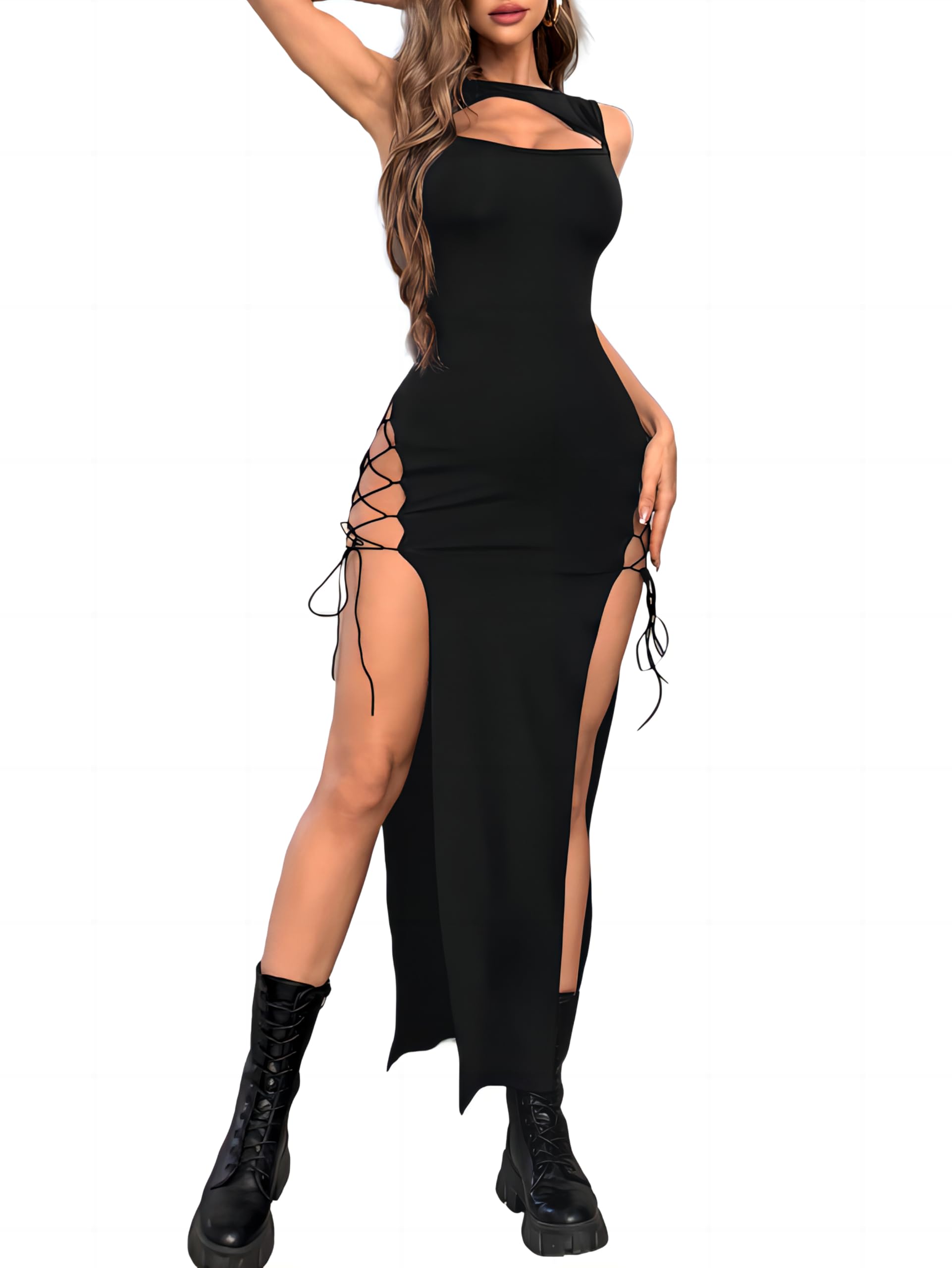 Black Goth Dress Women's Sexy Double High Slit Cut Out Round Neck Party Club Midi Dresses