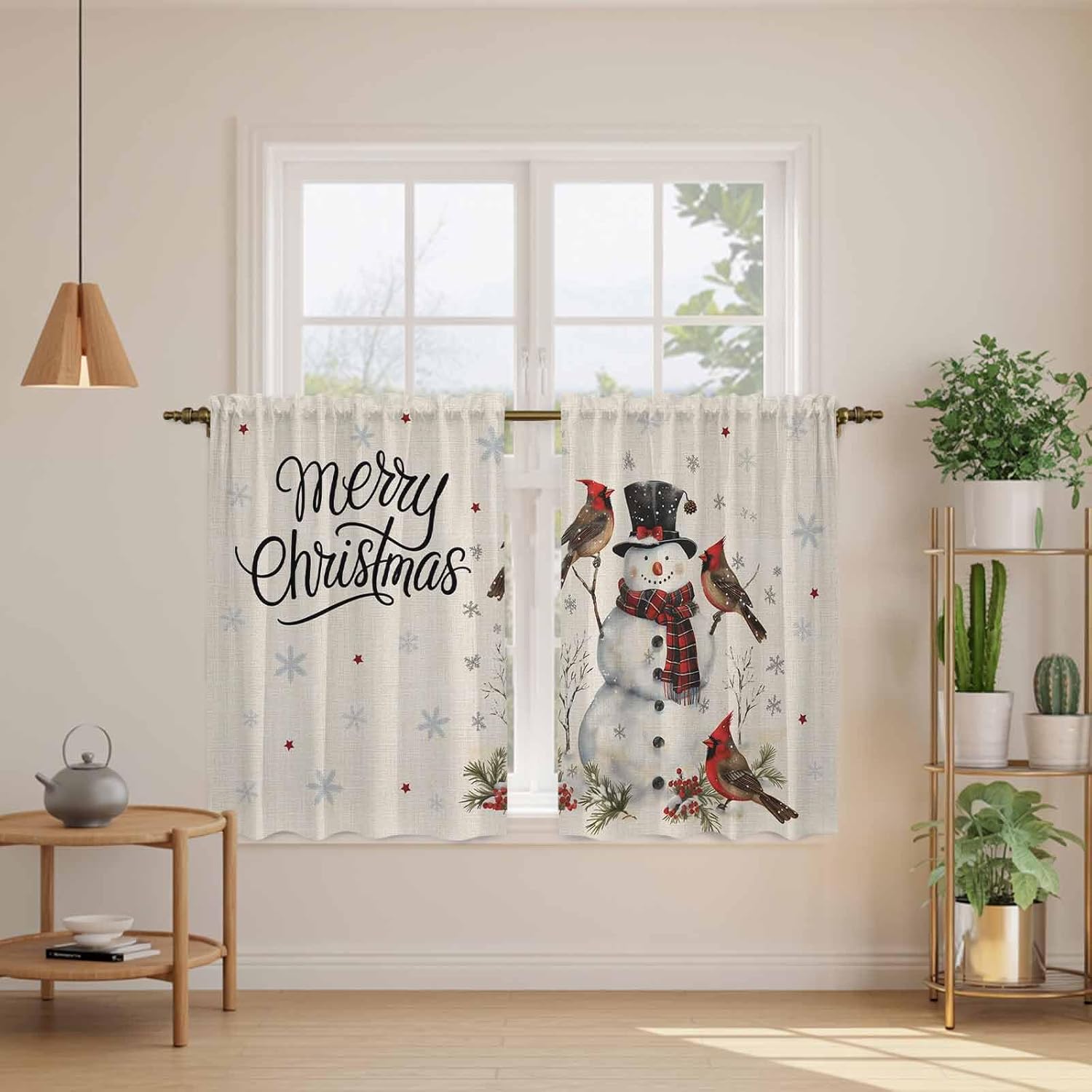 Christmas Snowman Kitchen Tier Curtains 45 Inch Long 2 Panel Set,Rod Pocket Short Window Treatment,Winter Xmas Snowflakes Cardinal on Linen Curtains & Drapes for Bathroom Basement 27.5"W x 45"L