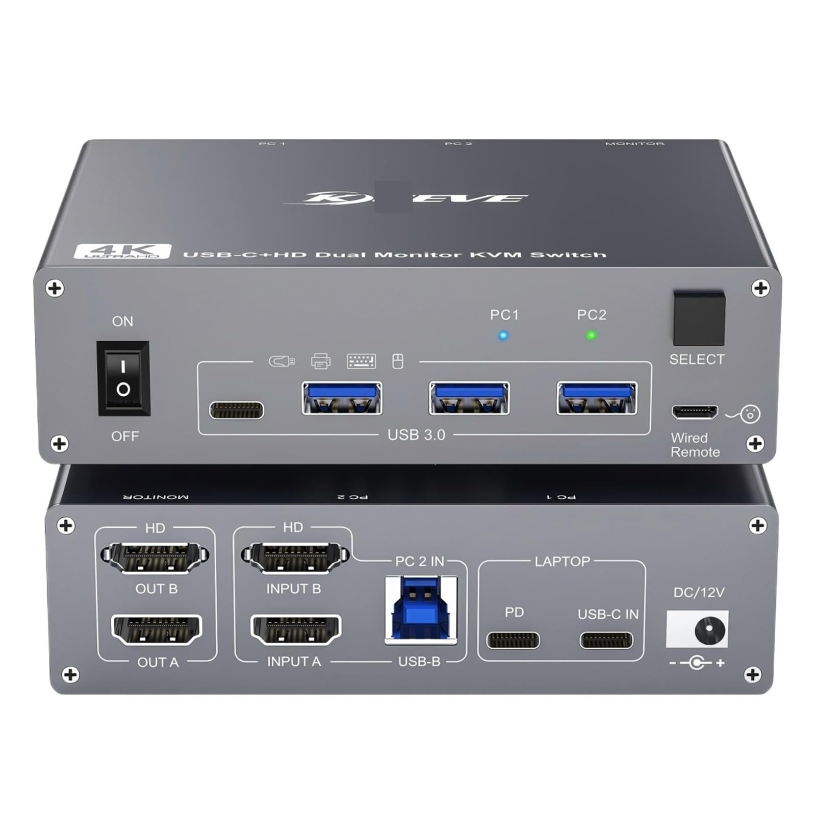 USB C KVM Switch 4K/1080P@60Hz,USB C HDMI Dual Monitor KVM Switch for PC/Laptop Sharing 2 Monitor and 4 USB3.0 Devices, 100W PD(202CH-HDMI)-image-28