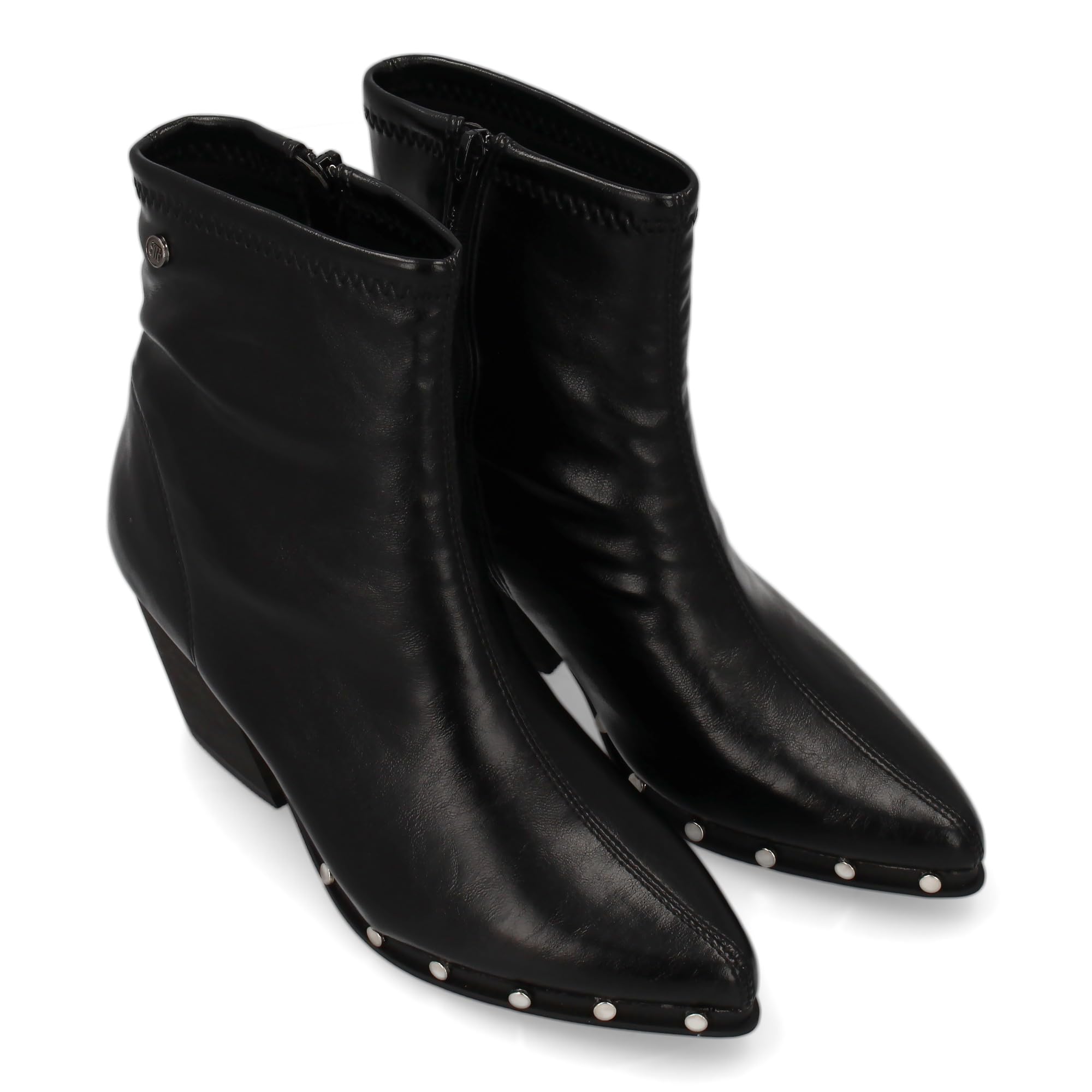Botin de Mujer con Tacon Cubano, Detalles de Tachuelas, Estilo Moderno Acabado en Pico, Estampado Liso, Cierre Lateral de Cremallera, Ideal Otono Invierno.