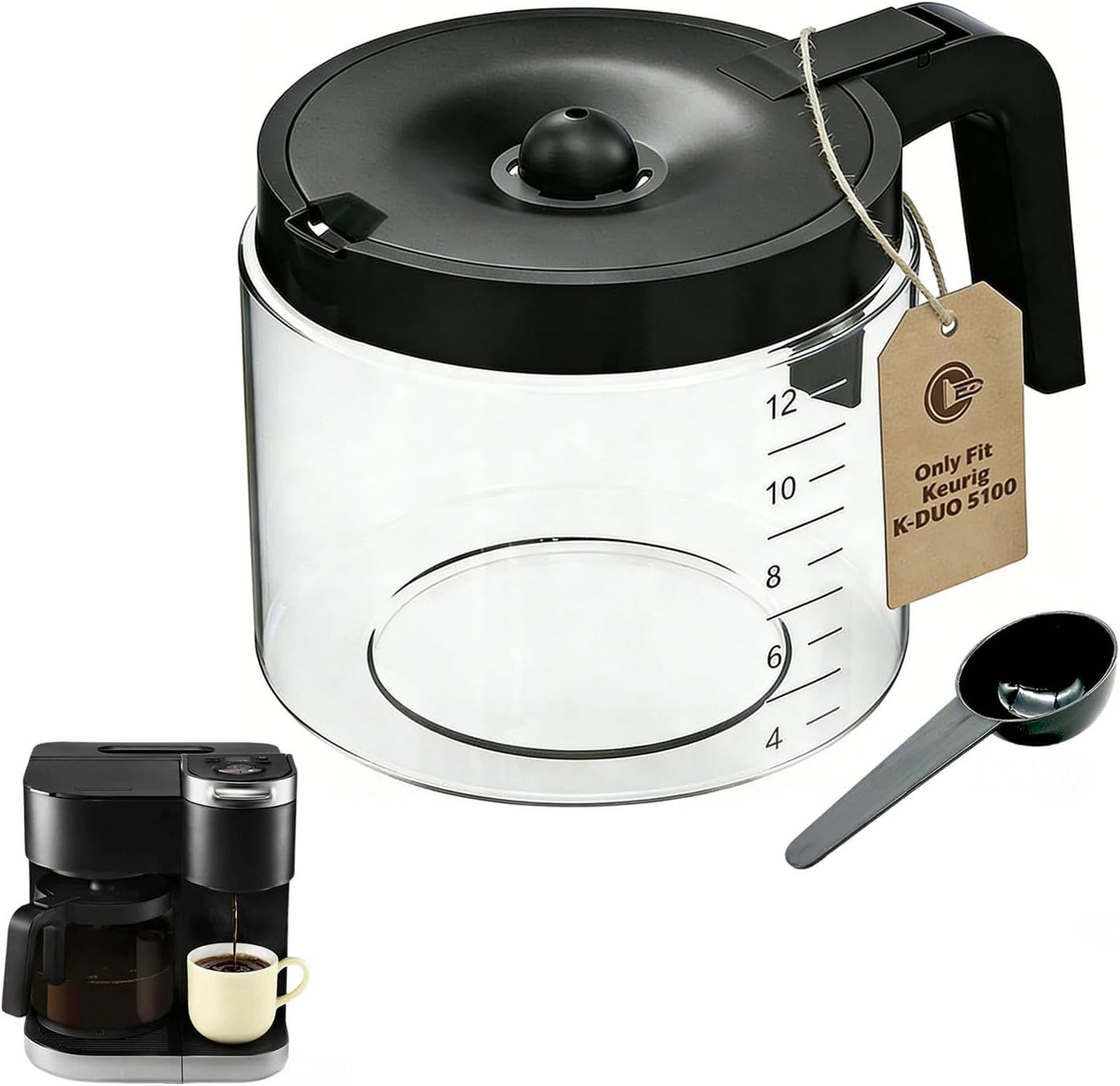 12-Cup Glass Coffee Pot Replacement ONLY Compatible with KEURIG K-DUO 5100 12 Cups Coffee Machine - Carafe Replacement for K-Duo 5100 Model (Not compatible with All Any Other coffee makers)