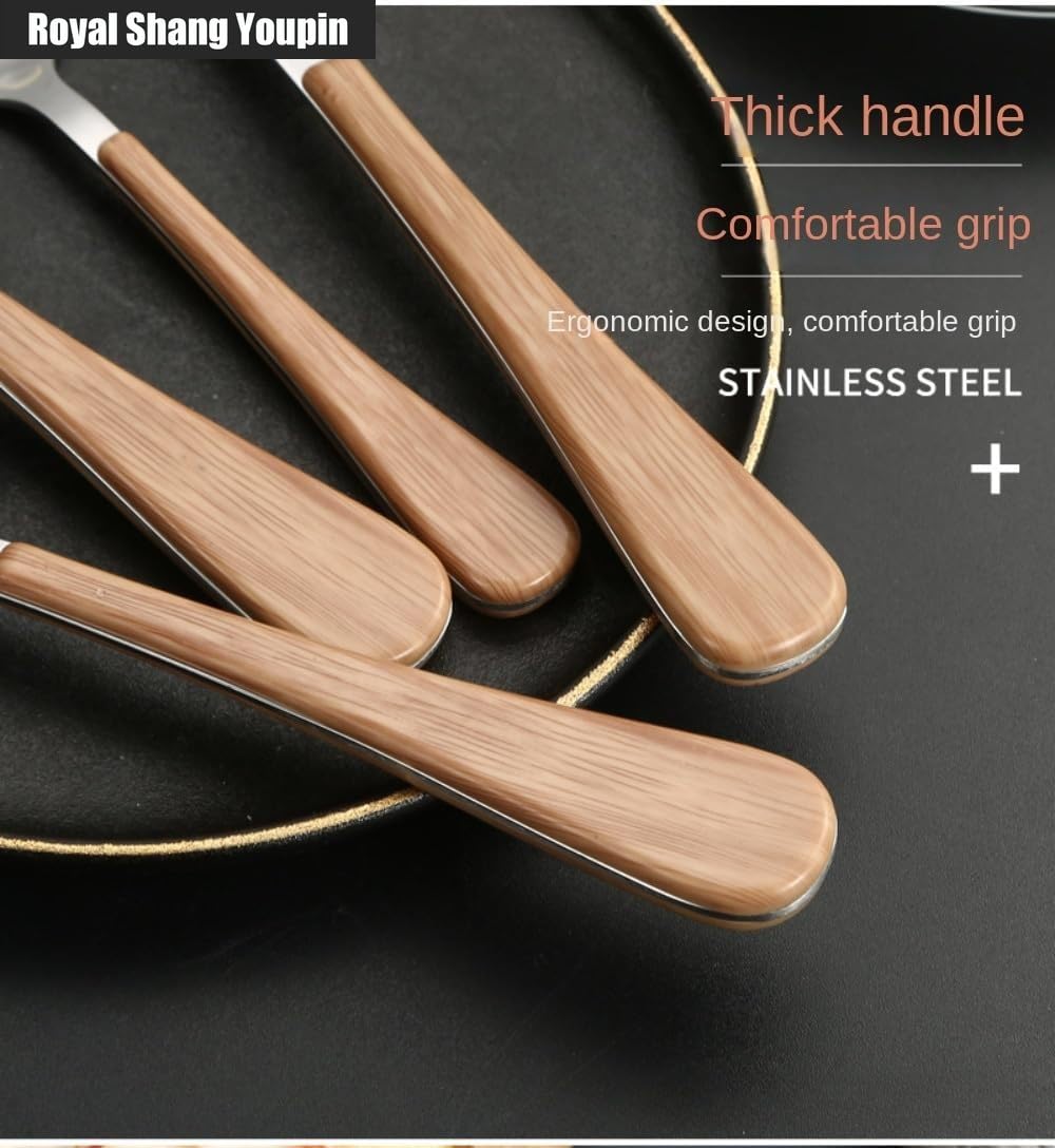Legno Manico Piatto Cucina Acciaio Inox Argenteria Stoviglie Posate Coltelli Forchette Cucchiai Set Hotel Casa Bistecca Coltello Dessert Cucchiaio (Oro,16 pezzi)