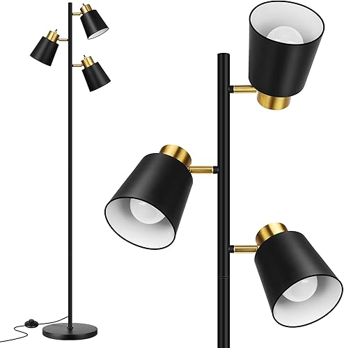 QiMH Lámparas de pie de árbol para sala de estar, lámpara de pie moderna de 67 pulgadas con 3 bombillas LED, lámpara alta industrial de lectura para