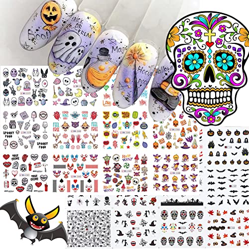 24 Sheets Halloween Nail Stickers Decals Halloween Water Transfer Nail Art Decal Skeleton Ghost Pumpkin Etc Nail Art Supplies Cute Acrylic Nail Stickers for Women Girls Kids DIY Nail Art Decorations