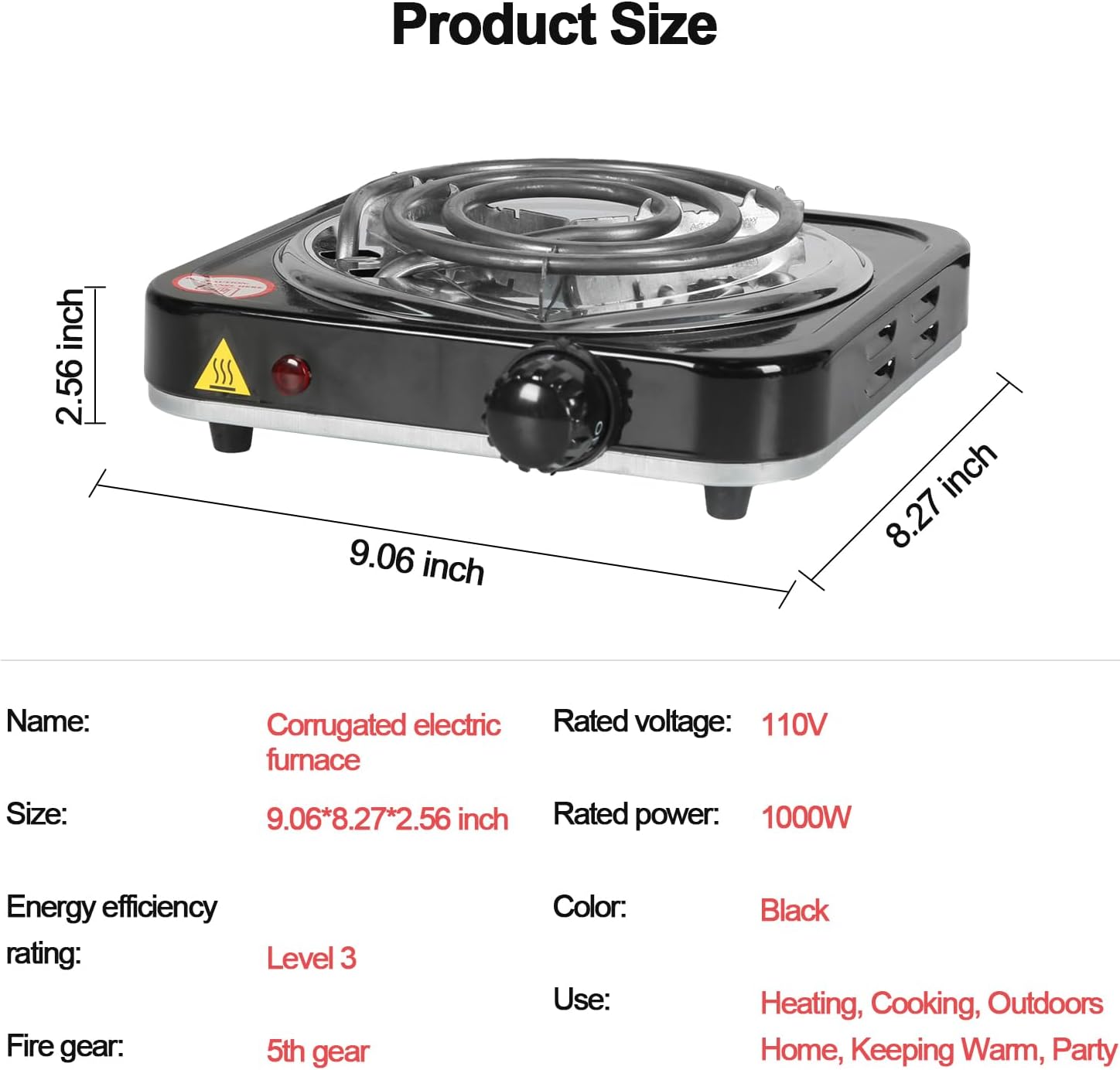 Electric Countertop Single Burner, 1000W Portable Electric Stove for Cooking with 5 Levels Adjustable Temperature & Knob Control Compact Stove for Home Dorm Office
