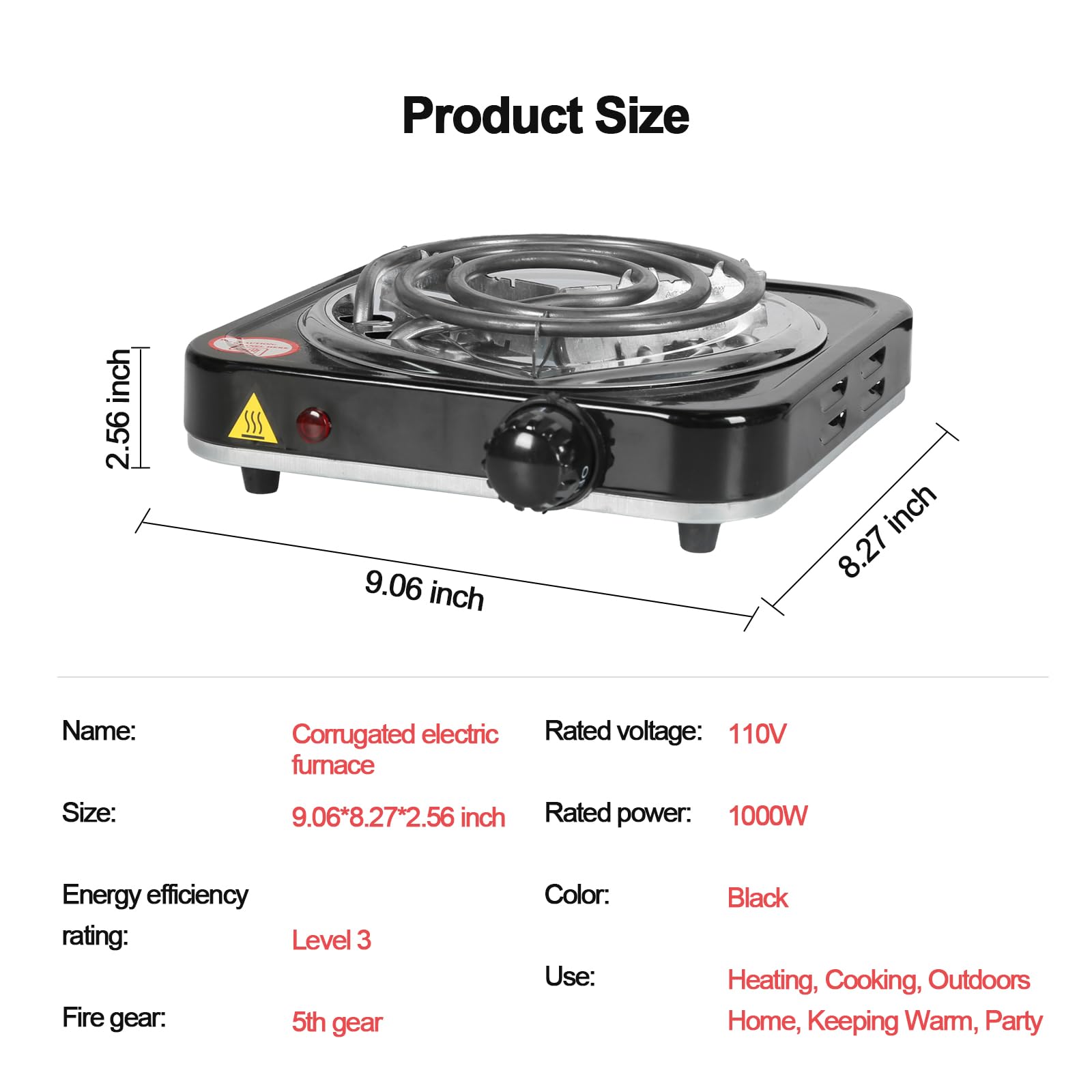 Encimera eléctrica de un solo quemador, estufa eléctrica portátil de 1000 W para cocinar con 5 niveles de temperatura ajustable y control de perilla, estufa compacta para el hogar, dormitorio, 8