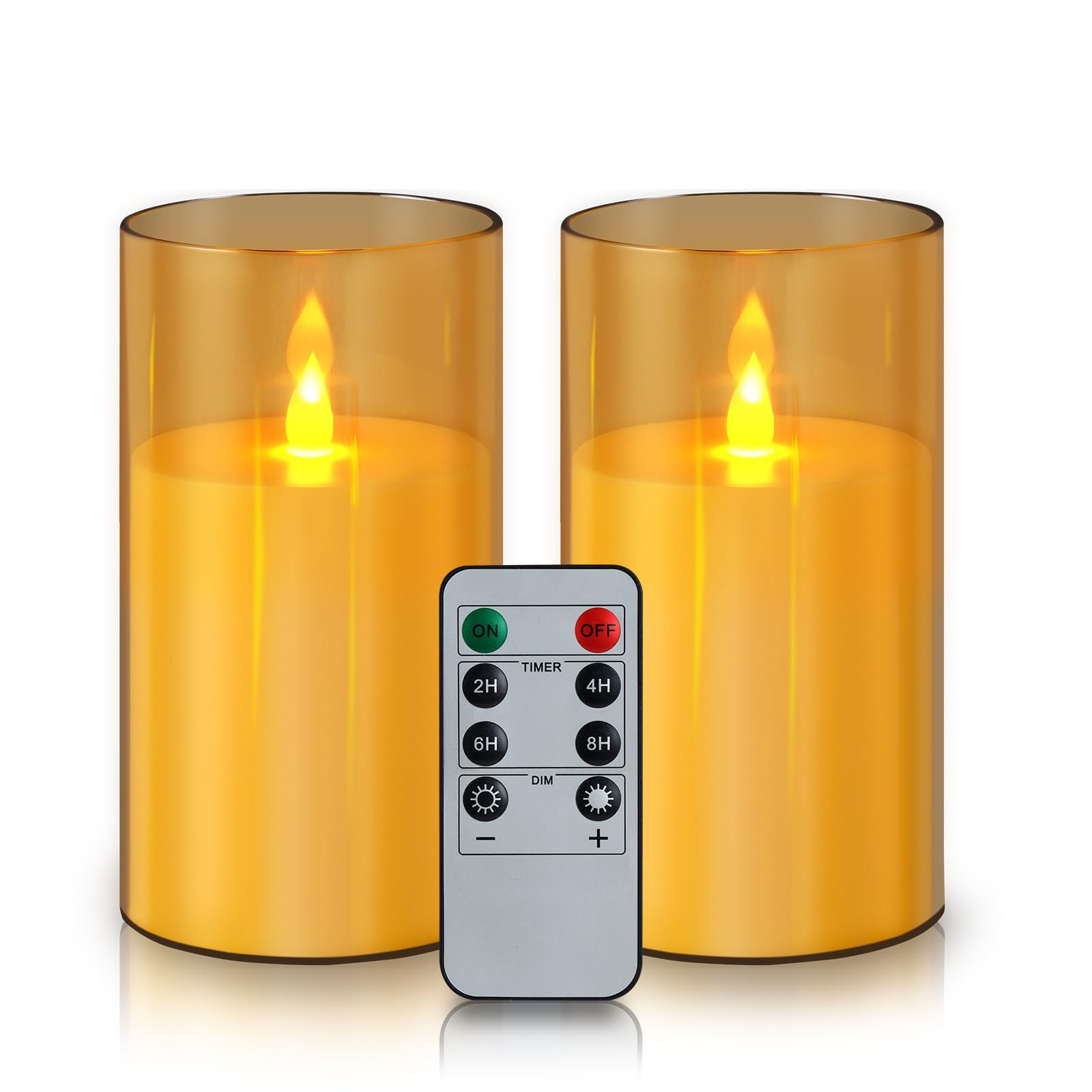 wemarry Flameless Candles Acrylic Glass Pillars 3" D x 6" H Battery Operated Flickering Candles Include 8-Key Remote with Timer Function 400+ Hours (Amber, Warm Light 2 Pack)