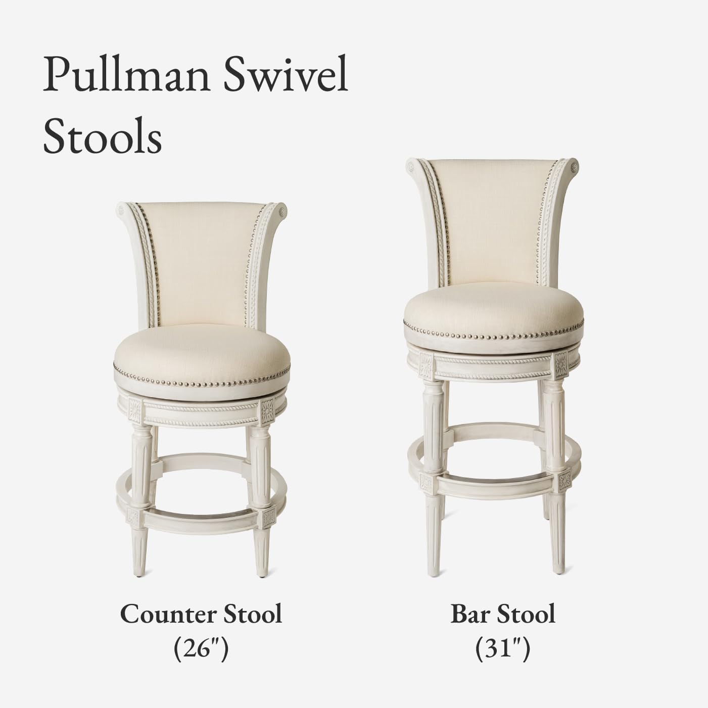 Maven Lane Pullman Counter Stool 26 Inches – Swivel Stool with Footrest – Cream Solid Wood Frame & Cream Fabric Upholstery – Perfect for Kitchen Islands & Counters