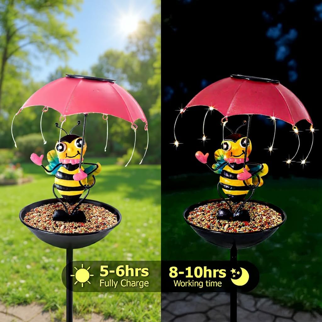Fun Solar-Powered Bird Feeder with LED Honeybee Light - Vibrant Garden Decor, Weatherproof Feeding Device (Honeybee)