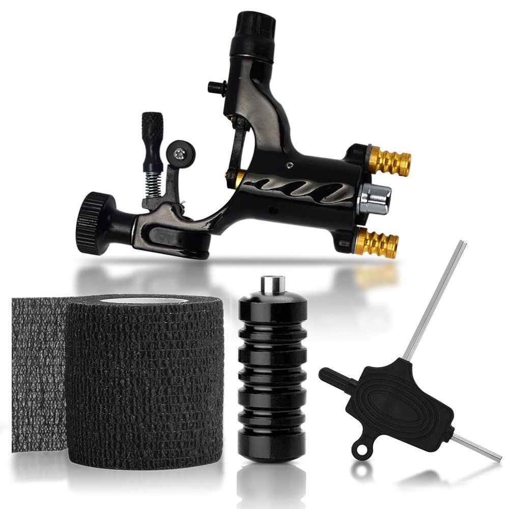 ATOMUS Rotary Tattoo Machine Gun Kit Professional Liner Shader Tattoo Motor Machine with Grip Tube Wrench Elastic Bandage Beginners Tattoo kit Tattoo Supplies (Black)