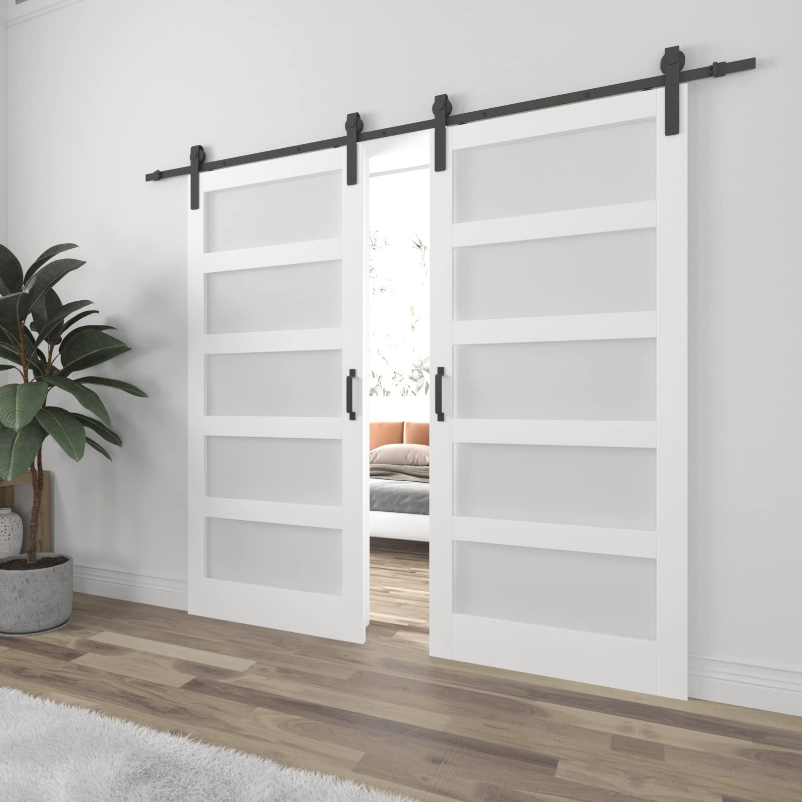 BARNER HOME Double 48x80 Sliding Barn Door, MDF, Primed, 5 Glass Panel, Hardware, Handle, Floor Guide and Connector