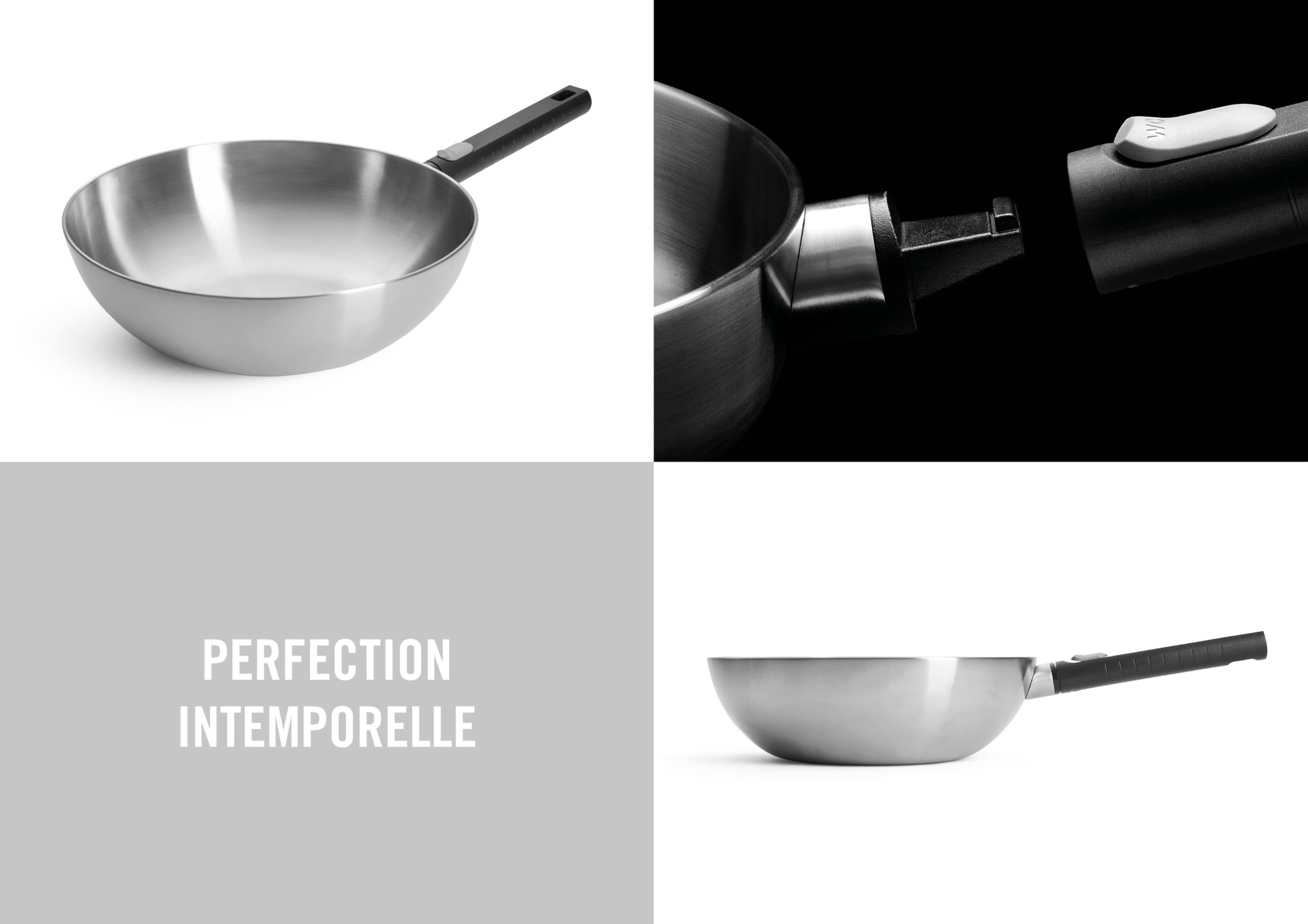 Woll – wok et poêle à sauté Logic Steel Ø 30 cm en acier inoxydable, hauteur 10 cm – induction – wok antiadhésif sans PFAS avec manche amovible – compatible tous feux – robuste et résistant au four