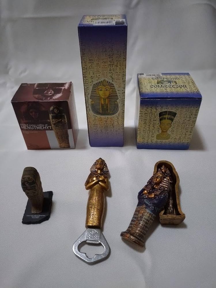 【古代エジプトの神秘】ツタンカーメン 棺＆ミイラ ミニチュアセット金属製箱付き Amazon | ミイラ棺2種類 ツタンカーメン栓抜き 古代エジプトの