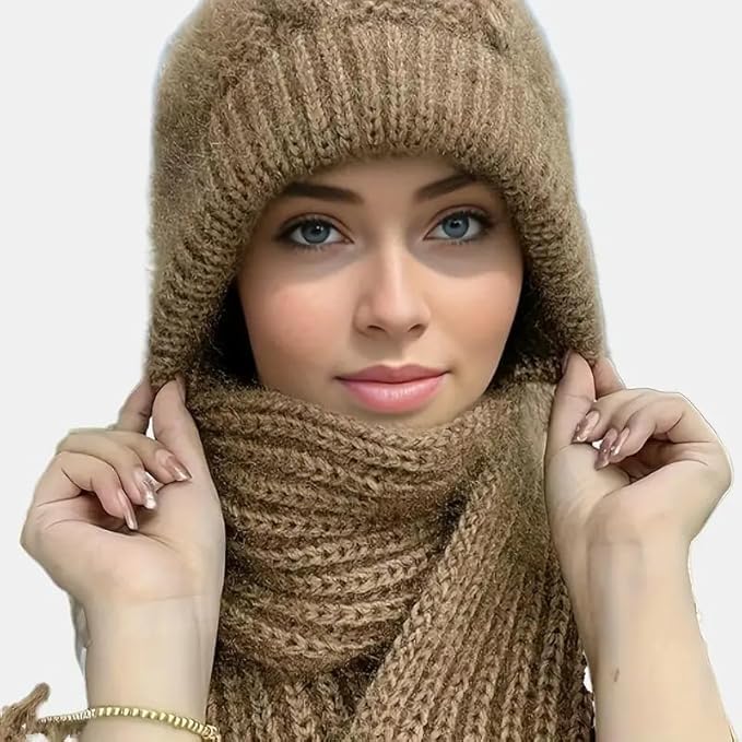 PUHBRHY 2 in 1 Windproof Scarf with Cap Integrated Ear Guard Hat Plus Velvet, Winter Warm Soft Knitted Beanie Hats Scarf- Woolen Lovely Muffler Fur Cap Stylish Headwear for Women & Girls 2