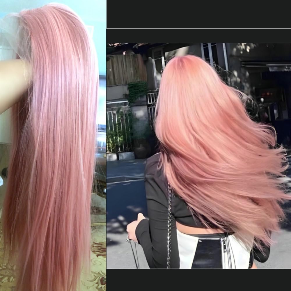 13x3" Pre Plucked Long Straight Colorful Wigs for Women Natural Looking Heat Resistant Fiber Synthetic Lace Front Wigs for Replacement/Party/Cosplay/Costume/Daily Use (Pink 1344)