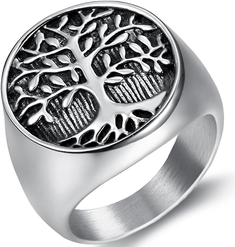 Jewelers Stainless Steel Tree of Life Round Signet Ring