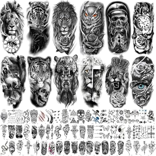 Image of MAYCREATE 72 Sheets Temporary Tattoo Black Large Animal-themed Tattoo Stickers Small Old School Style Waterproof Fake Tattoos for Arm, Legs, Calf