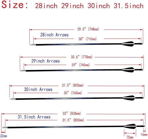 XIAOYUEGULANG 12 unidadeslote de flechas de fibra de vidrio de 0.315in para tiro con arco recurvo compuesto de 28 pulgadas, 29 pulgadas, 30