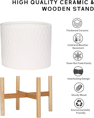 Miniatura 10 de LaDoVita Maceta de cerámica con soporte, maceta de 10 pulgadas con estante de madera, macetas redondas modernas para interiores con soporte para