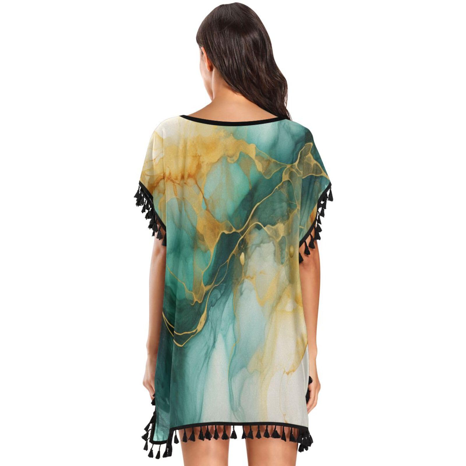 Abstract Watercolor Marble Art Women's Beach Cover Up Chiffon Tassel Swimwear Swimsuit Coverups for Girl