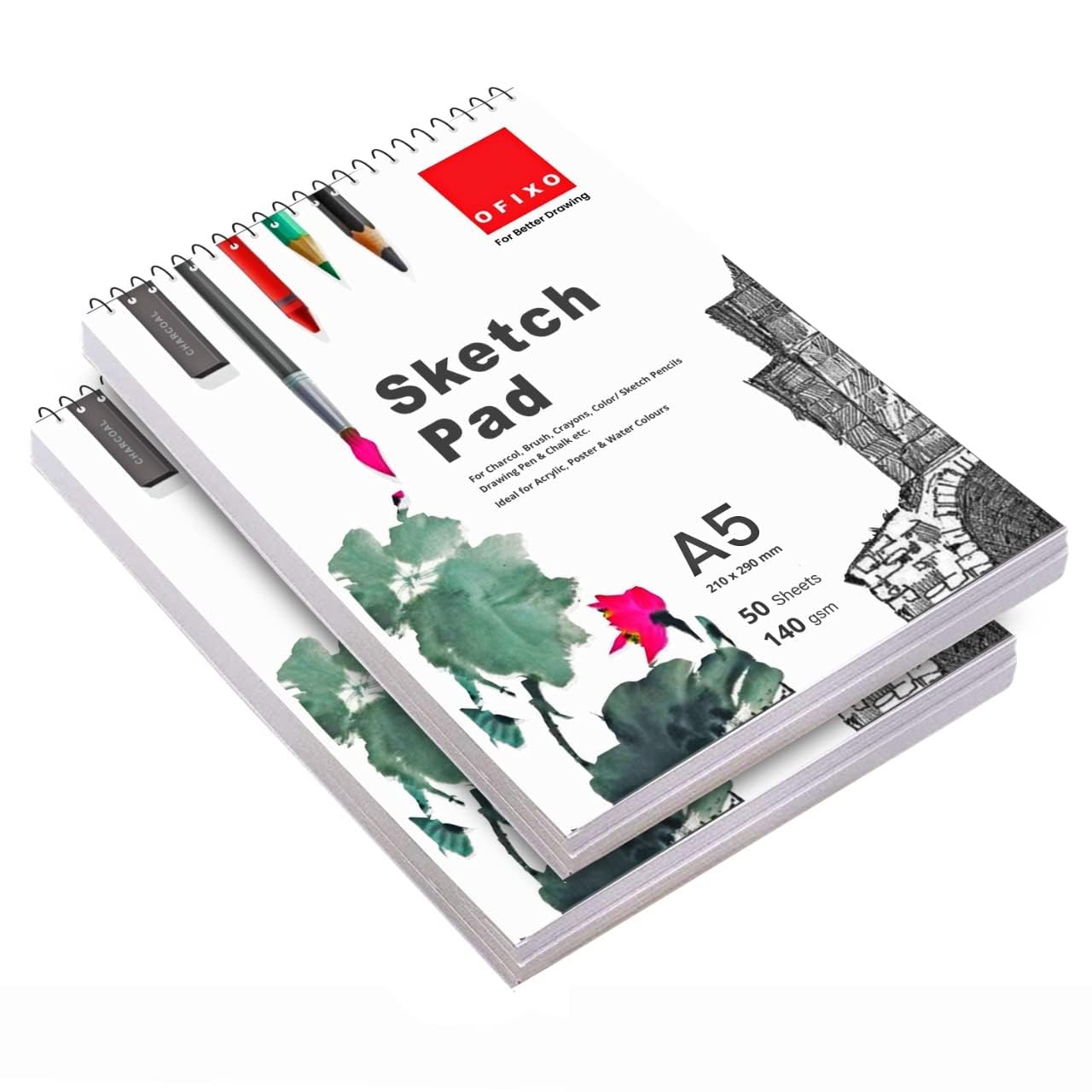 OFIXO 50 fogli A5 Sketchbook (confezione da 2) -5,8 x 8,3 pollici 140 g/m² | Blocco da disegno superiore a spirale per artisti | Carta priva di acidi per uso accademico