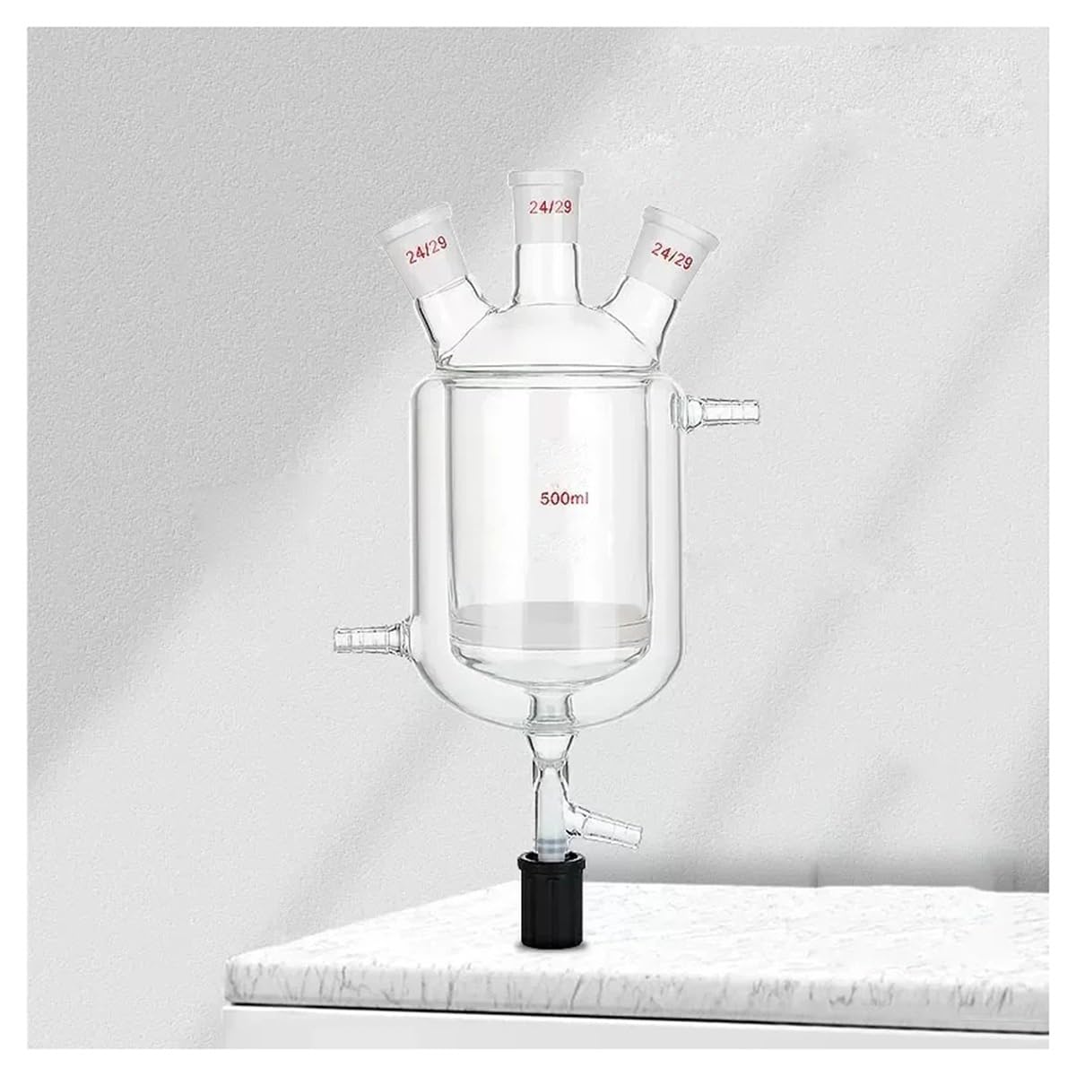 Sprzęt laboratoryjny i wyposażenie laboratoryjne, 100-2000 ml, szkło borokrzemowe, trzyustna butelka reaktorowa z tłokiem próżniowym (500 ml, 24 x 29 x 24)