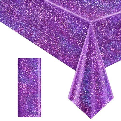 Image of Just Shimmer Purple Holographic Tablecloth 40 x 108, 1 Pack Iridescent Shiny Disposable Plastic Rectangle Table Cover for Halloween, Birthday, Bachelorette, Graduation and Wedding Party Decorations