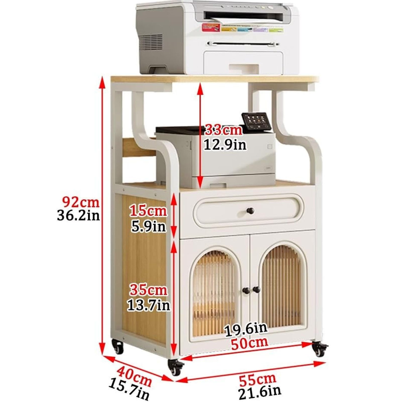 Generisch Mobiler Druckerständer mit Metallrahmen, 3-stufiger Druckerwagen für das Home Office, große Lagerregale und Schublade, kompaktes Druckerregal (weiß, 55 x 40 x 92 cm)
