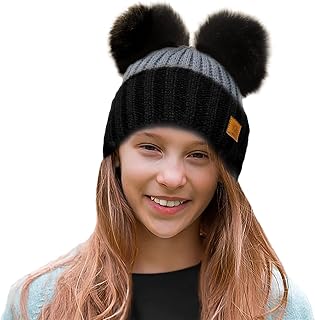 Kinder Mütze Kleinkind Beanie Bobble Hat Baumwollfutter Kunstpelz Ball Pom Pom Cap Unisex Mädchen & Jungen Kinder Winter Strickmütze Bommelmütze Wurm
