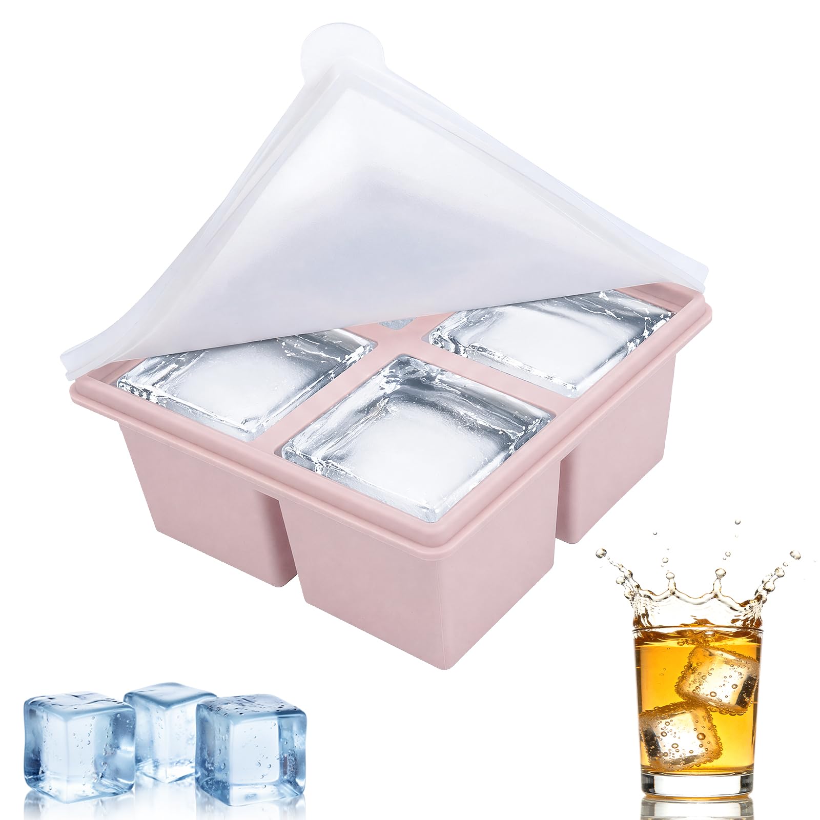 FACHOI Large Ice Cube Moulds with Lid, Big Silicone Ice Trays for Freezer, BPA Free and Easy Release, Perfect for Chilled Drinks, Freezer Food, Whiskey and Cocktail, Juice, Coffee (Pink-4 Square)