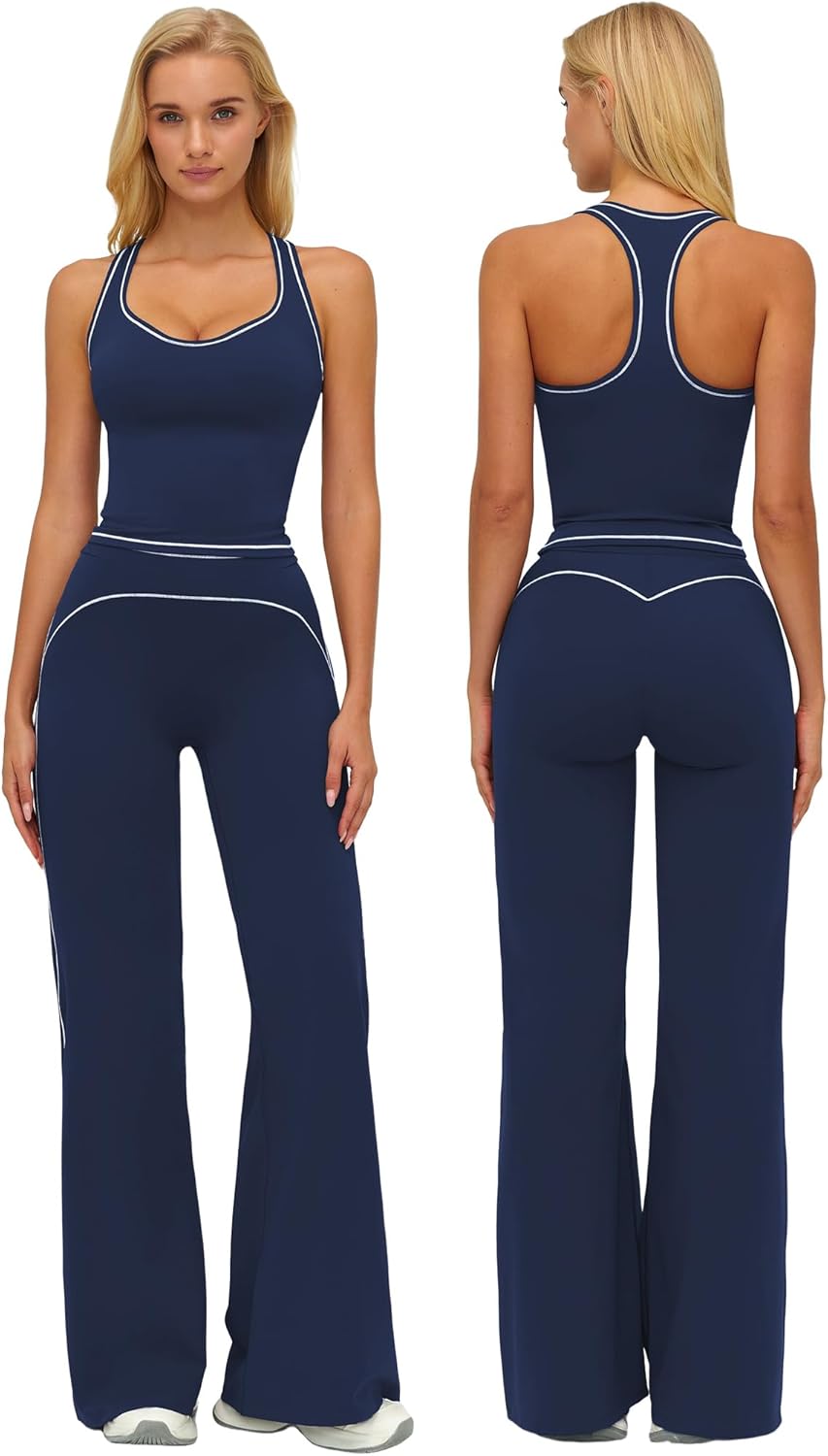 ABOCIW Two Piece Workout Sets for Women Racerback Tank Top Matching High Waist Wide Leg Yoga Pants Pilates Outfits
