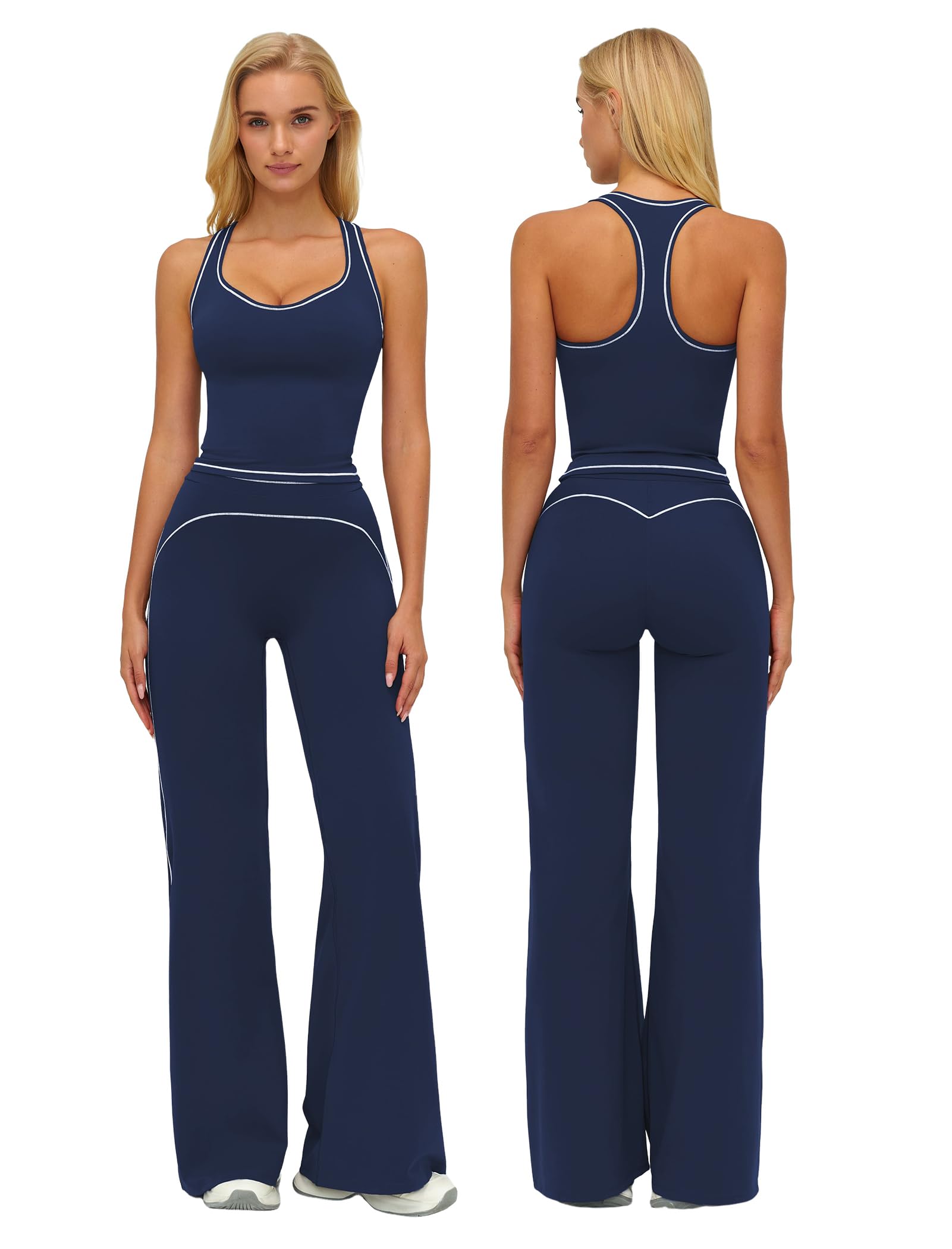 Two Piece Workout Sets for Women Racerback Tank Top Matching High Waist Wide Leg Yoga Pants Pilates Outfits