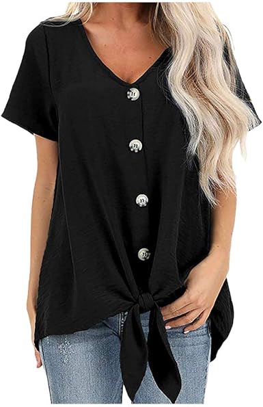 Women's V-Neck Tops Chic Button Tie 