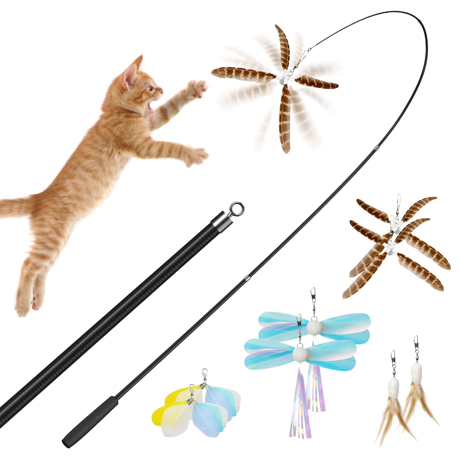 uahpetNatural Feather Cat Toys for Indoor Cats Retractable Cat Wand 60inch Safe Hunting Distance Interactive Toys for Kittens with 8Pcs Different Senses Replacement Teasers