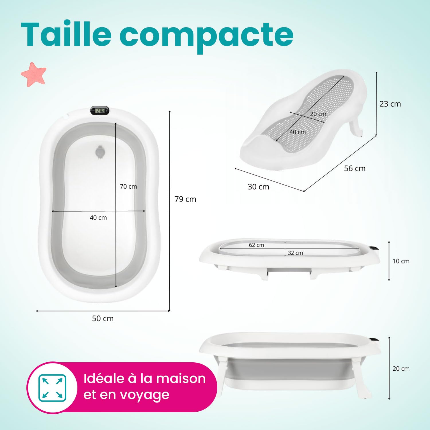 Primabobo Kit de Bain Bébé PREMIUM : Baignoire Pliable avec Thermomètre LCD Intelligent, Transat Ergonomique et Support Stable, Ensemble de Bain Luxe 80cm, Gris