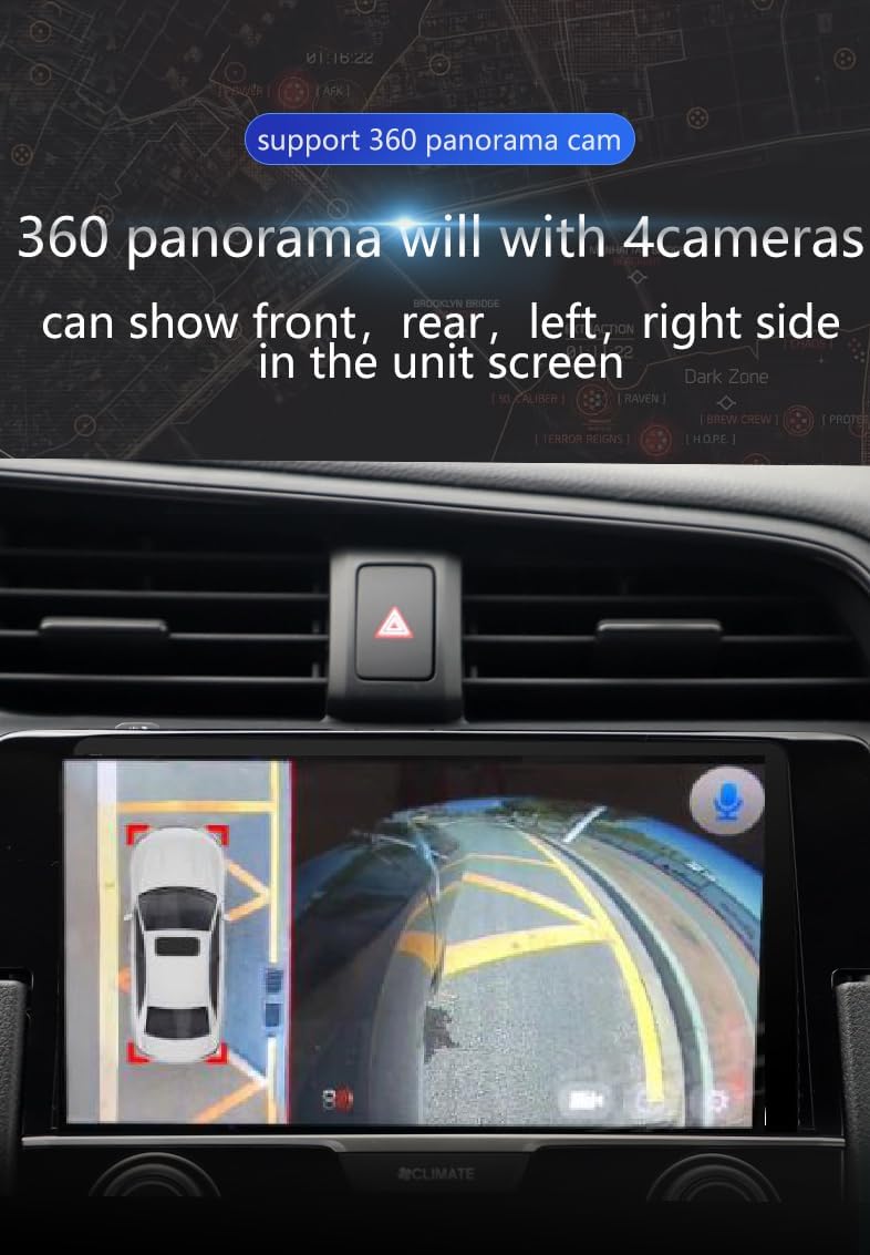 STAPON S13 car stereo displaying a 360-degree panoramic view from a car camera system, showing the vehicle from an aerial perspective.