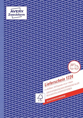 AVERY Zweckform 1724 Lieferschein (DIN A4 selbstdurchschreibend von Rechtsexperten geprüft für Deutschland und Österreich geeignet 2 x 40 Blatt) weiß gelb