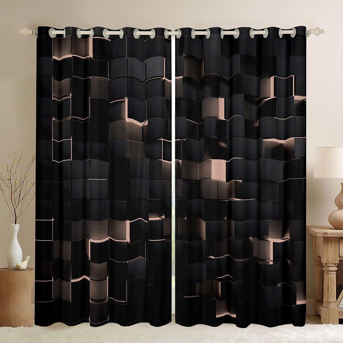Light Pink Black 52x90 Window Treatments Drapes for Girls Room Abstract Geometric Window Curtains 2 Panel Sets Neon Plaid Checkered Blackout Curtains Stereoscopic Square Grids Decor