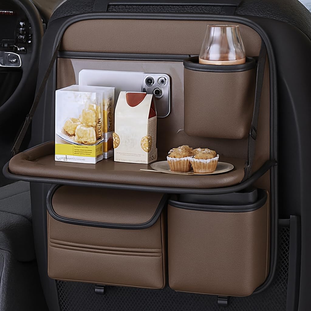 ARHAT ORGANIZERS Car Back Seat Organizer with Foldable Tray | Multipurpose Dining & Storage Solution | PU Leather Waterproof Car seat Organizer for Mobile, Tablet, Bottle, Tissue (Brown, With Tray)-image-30