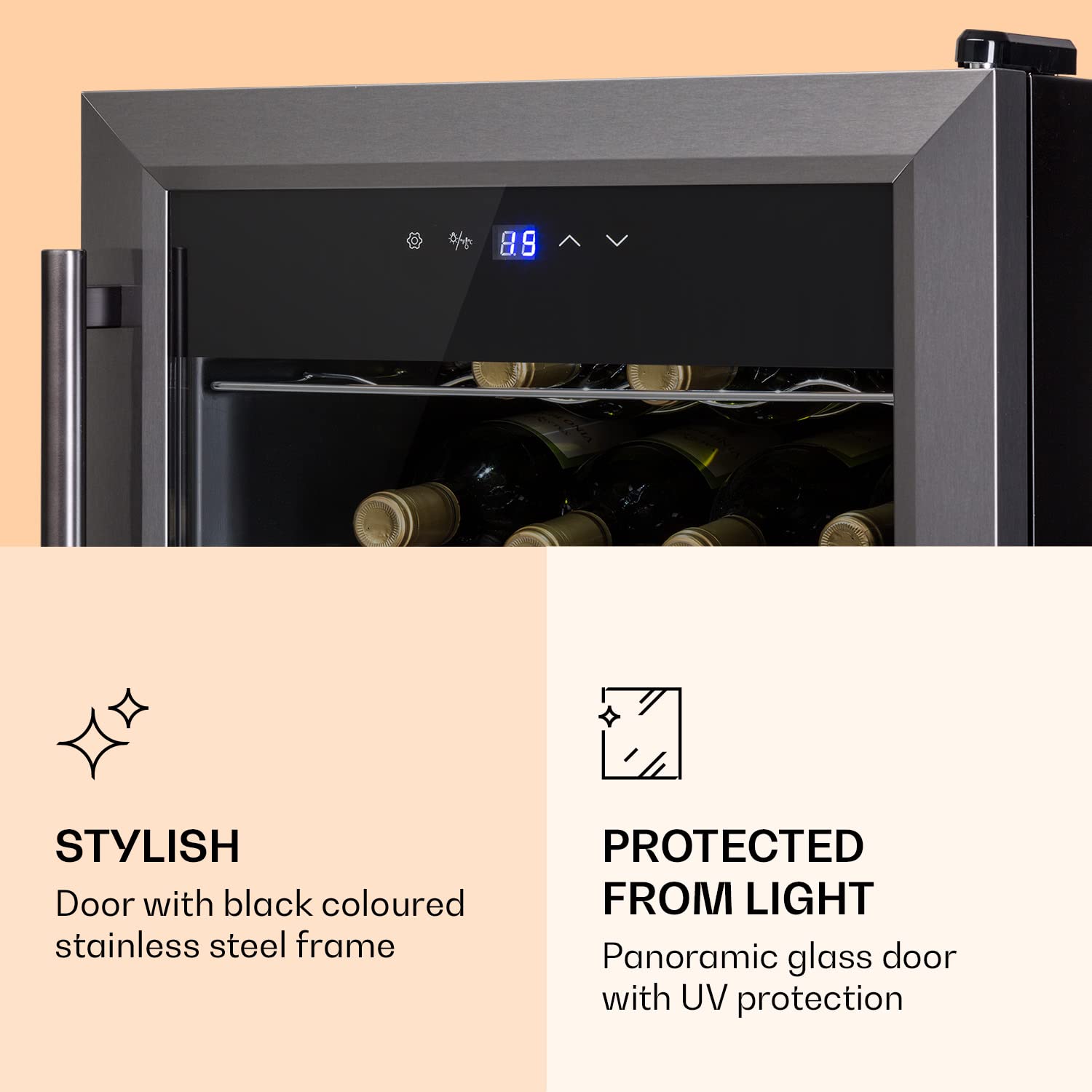 KLARSTEIN Ultimo Uno - Vinoteca, Nevera para vinos con regulador de temperatura entre 5 y 8 °C, Control táctil, Iluminación interior LED, Espacio para 16 botellas, 42 litros de volumen, Negro