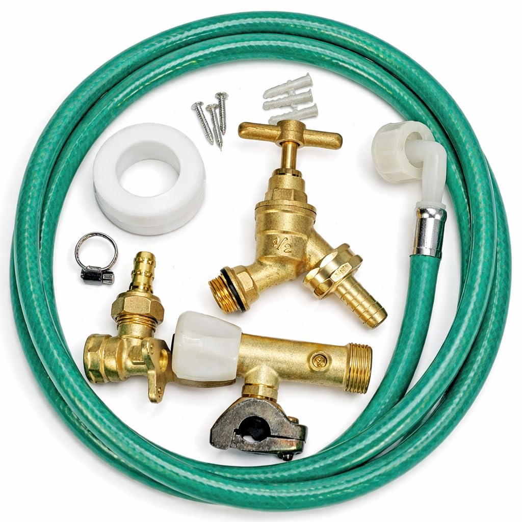 Kit de grifo exterior de latón macizo con tuerca de unión y arandela de goma, tornillos de conector rápido y tapones de pared, adaptador de manguera de bricolaje
