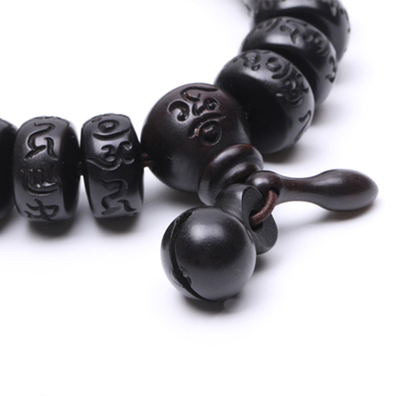 Pezzo di Bracciale con Perline in Vero Legno di Pesca Intagliato a Mano, Braccialetti Buddha per Uomo e Donna, con Perline Piatte da 15 mm
