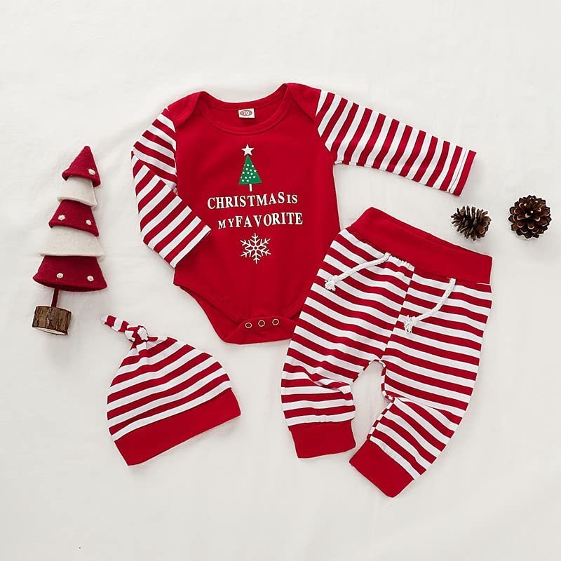 Mijn 1e kerst pasgeboren jongens meisjeskleding, merry christmas unisex gestreepte lange mouw brief print top baby 3 delige jurk set schattig top + gestreepte broek - Afbeelding 3