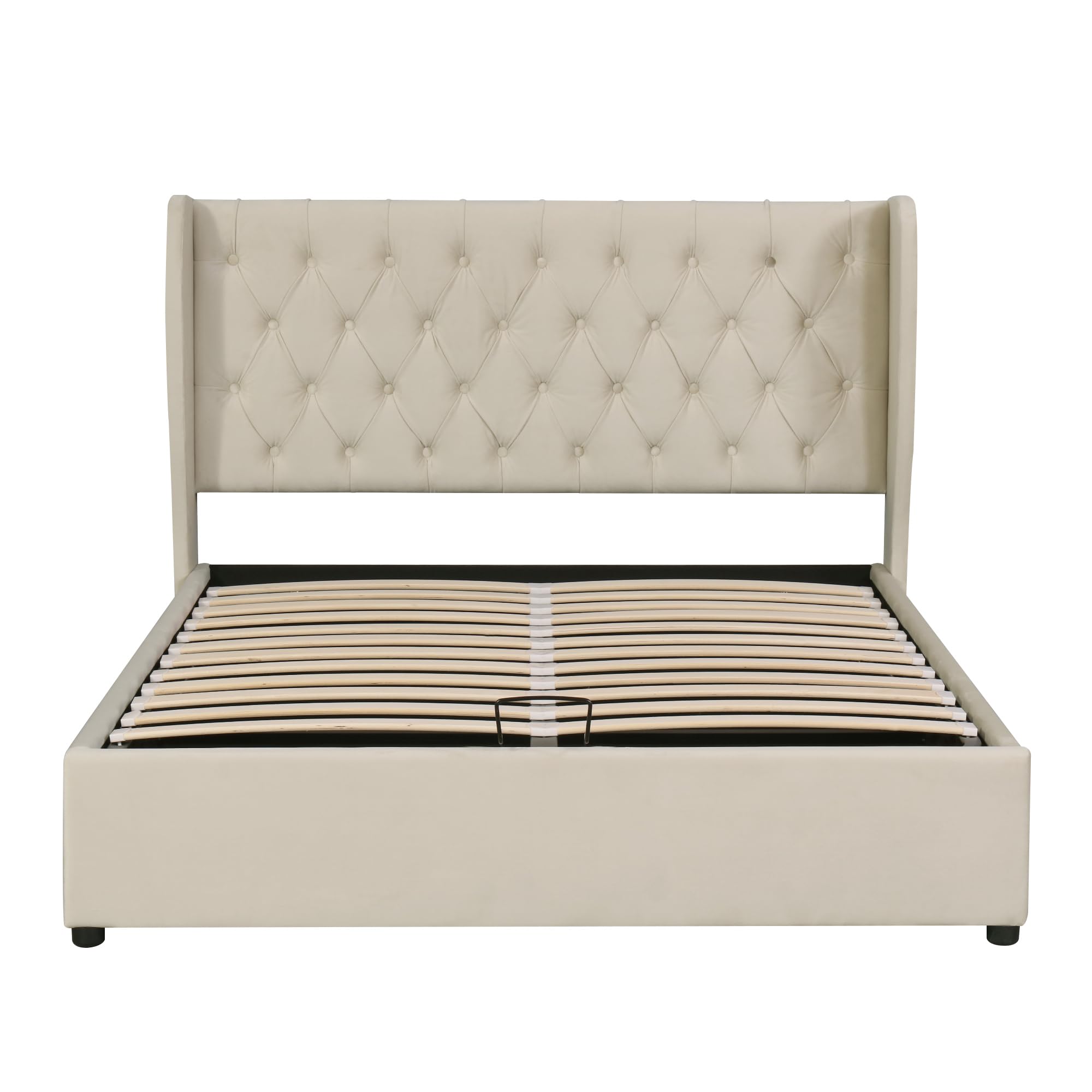 Letto imbottito in velluto con cuciture a bottoni, letto matrimoniale, letto funzionale idraulico con rete a doghe e spazio di archiviazione, in tessuto non tessuto nero antimacchia (beige, 180 x 200