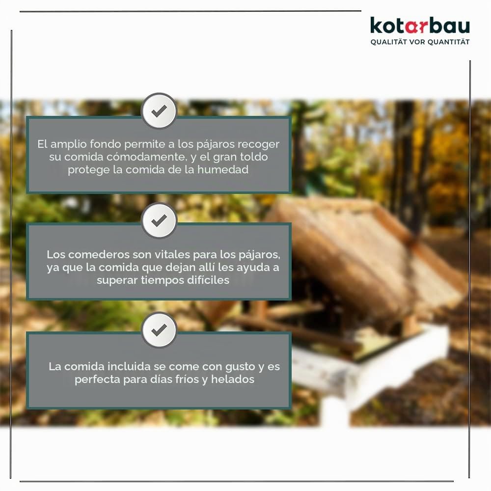 KOTARBAU® Comedero para pájaros de Madera, 37 x 29 cm, Dispensador de Comida, Casa para Aves, Casita de Madera flameada, + 0,5 Kilo de pienso Incluido