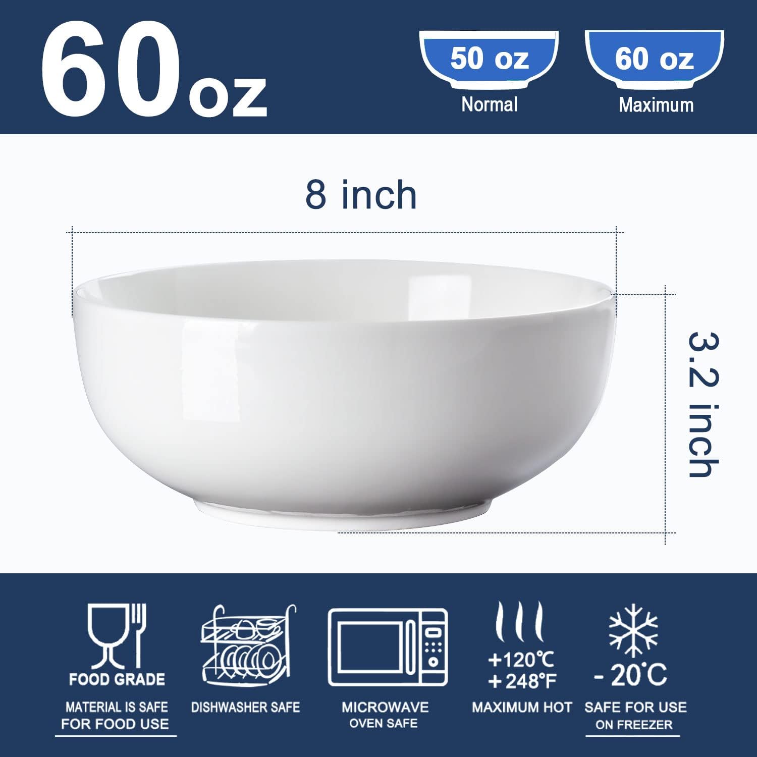 Houlu 60 oz Large Soup Bowls, 8 Inch Pho Bowls, Off White Porcelain Large Ramen Bowl Set of 3