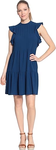 London Times - Vestido escalonado de cuello alto falso para mujer, color azul estate, talla 12, Estate azul, 12