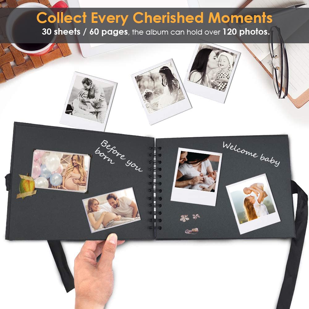 Album Fotografico Personalizzabile, Album Foto Piccolo 10x15 Fai da Te Spirale, 60 Pagine Nere Scrapbook con Copertina Rigida Carta, Scrapbooking per Anniversario di Matrimonio Nozze Valentino, Nero