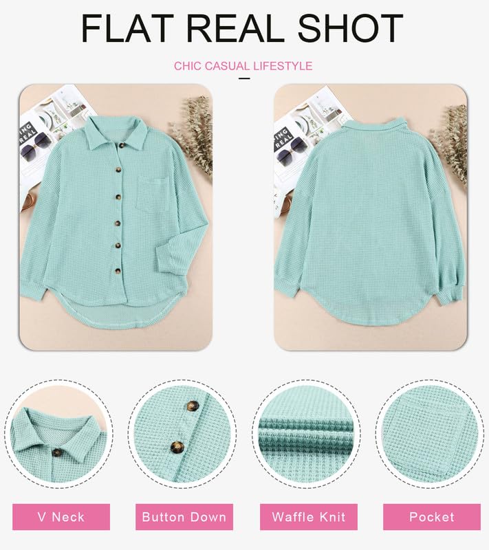 Dokotoo Womens Waffle Knit Shacket Jacket Casual Long Sleeve Button Down Shirts Dressy Blouses Tops2
